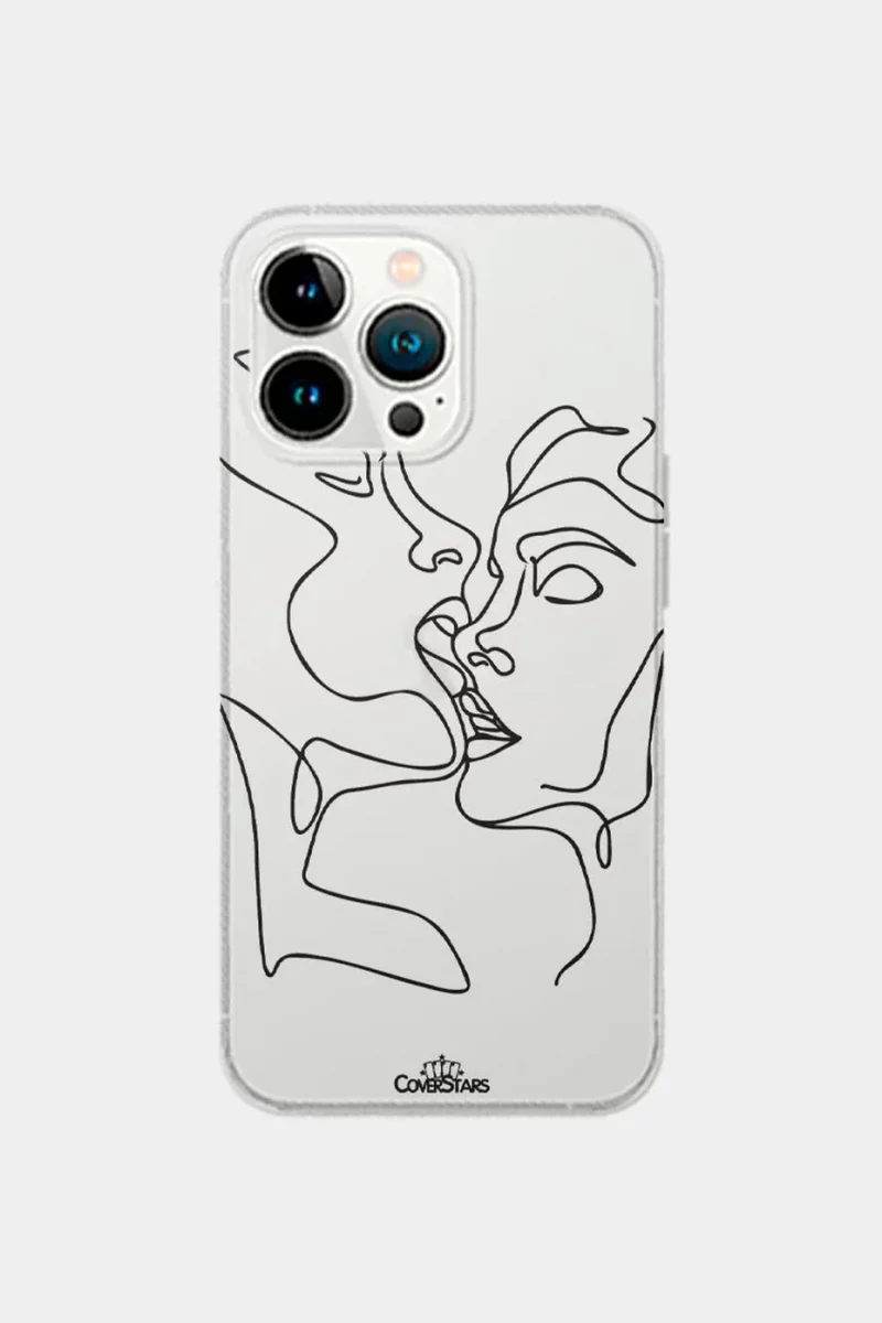 Cover trasparente per iPhone con disegno line art di due volti che si baciano