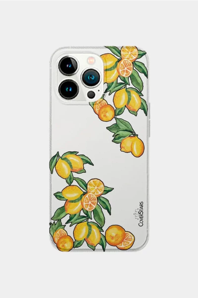 Cover trasparente per iPhone con limoni siciliani ad acquerello e foglie verdi