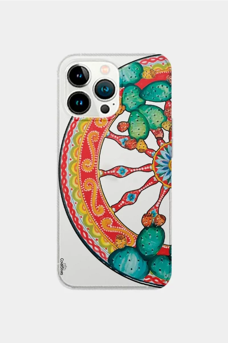 Cover trasparente per iPhone con ruota di carretto siciliano decorata e fichi d'India