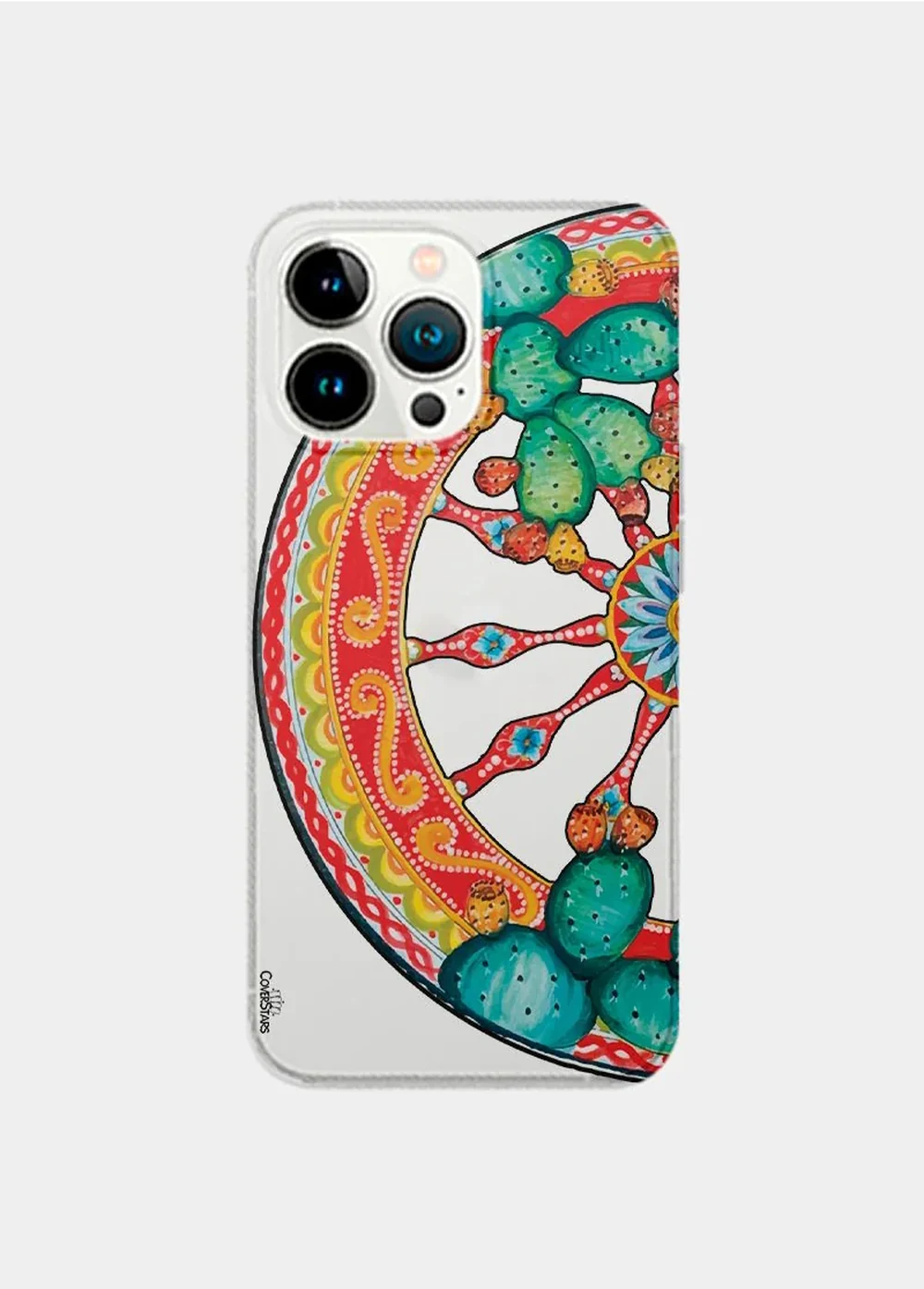 Cover trasparente per iPhone con ruota di carretto siciliano decorata e fichi d'India
