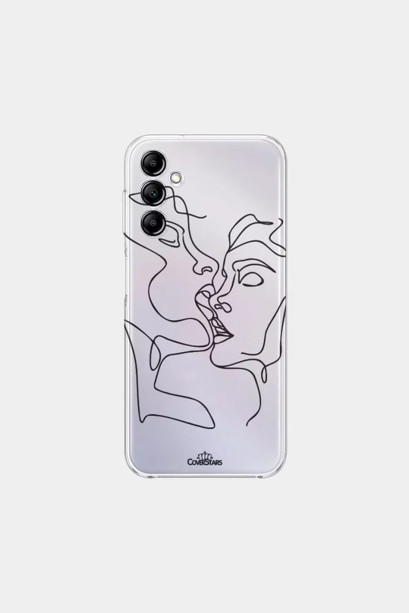 Cover trasparente per Samsung con disegno line art di due volti che si baciano