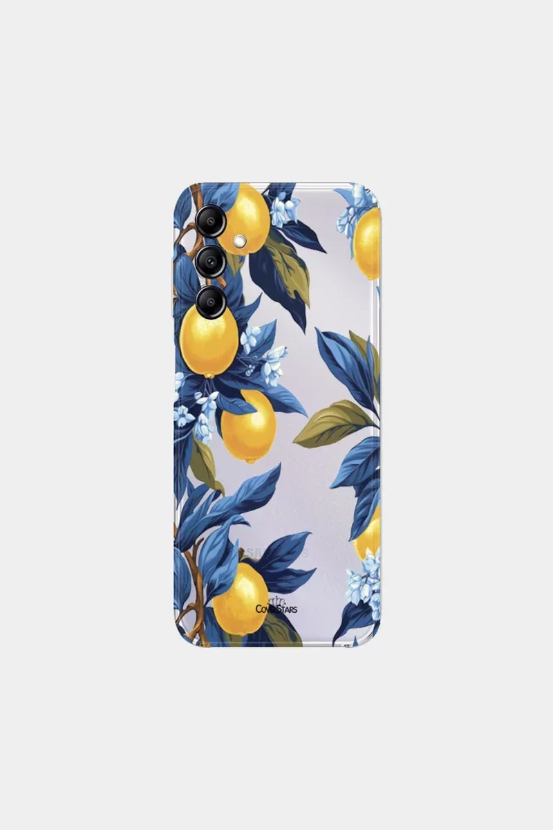Cover trasparente per Samsung con limoni gialli e foglie blu su rami fioriti