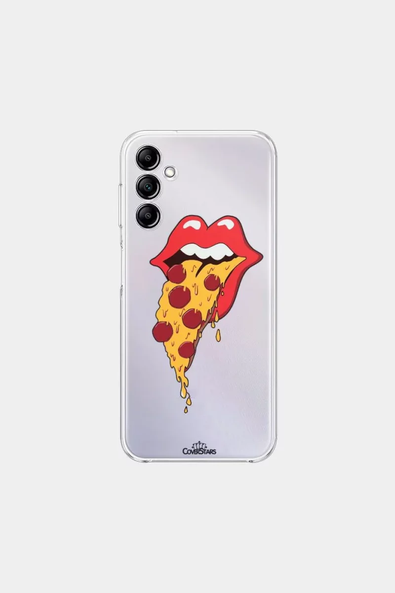 Cover trasparente per Samsung con labbra rosse e lingua a forma di trancio di pizza