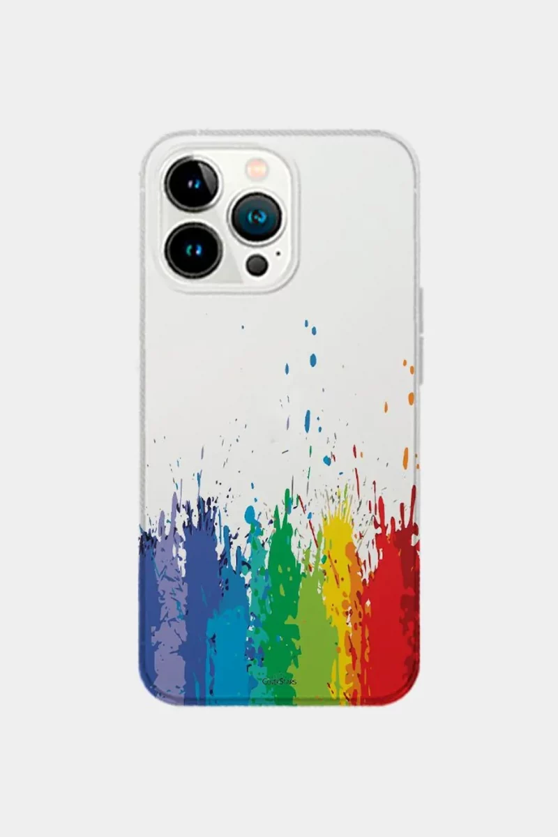 Cover trasparente per iPhone con schizzi di colore arcobaleno stile pittura
