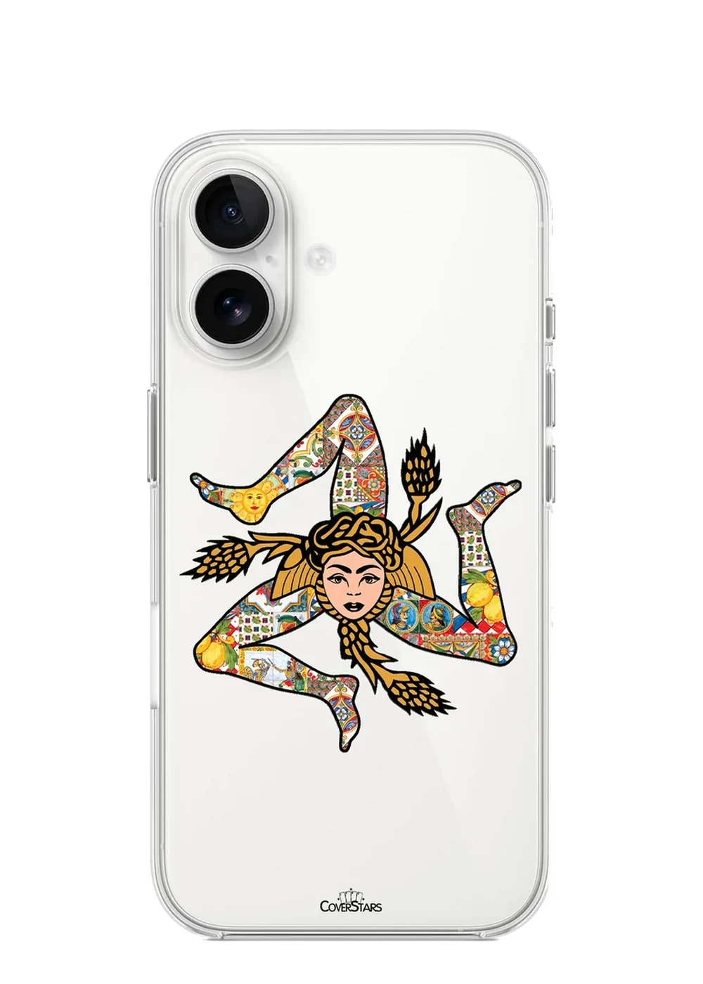 Cover Clear Design trasparente per iPhone 16 con Trinacria siciliana a maioliche