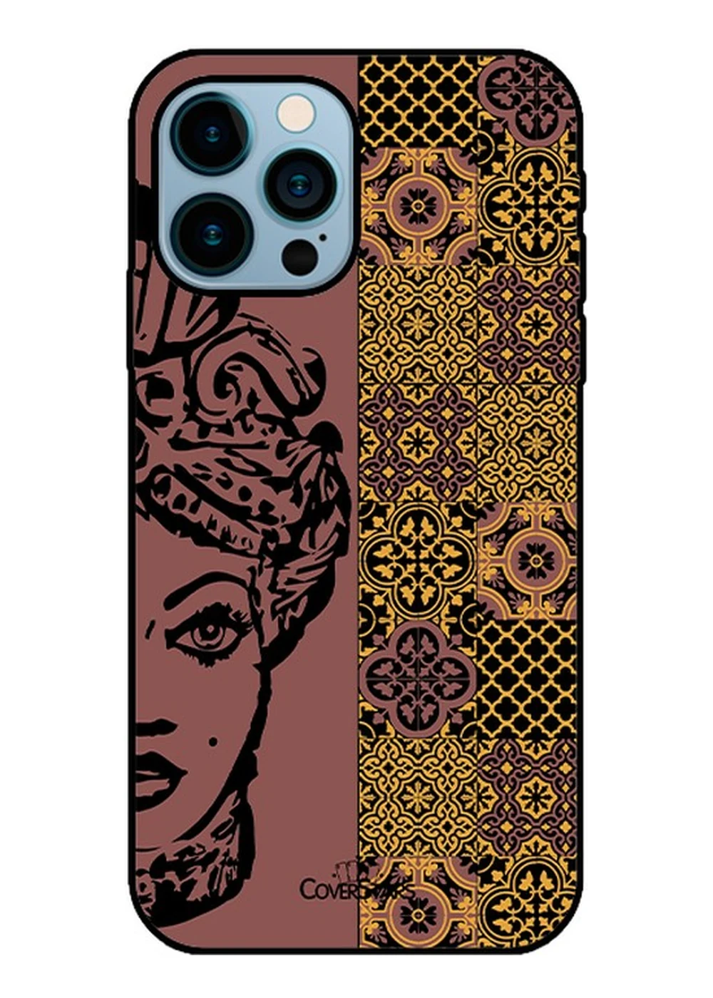 Cover IML per iPhone 16 Pro Max con Testa di Moro donna e maioliche su fondo rosa antico