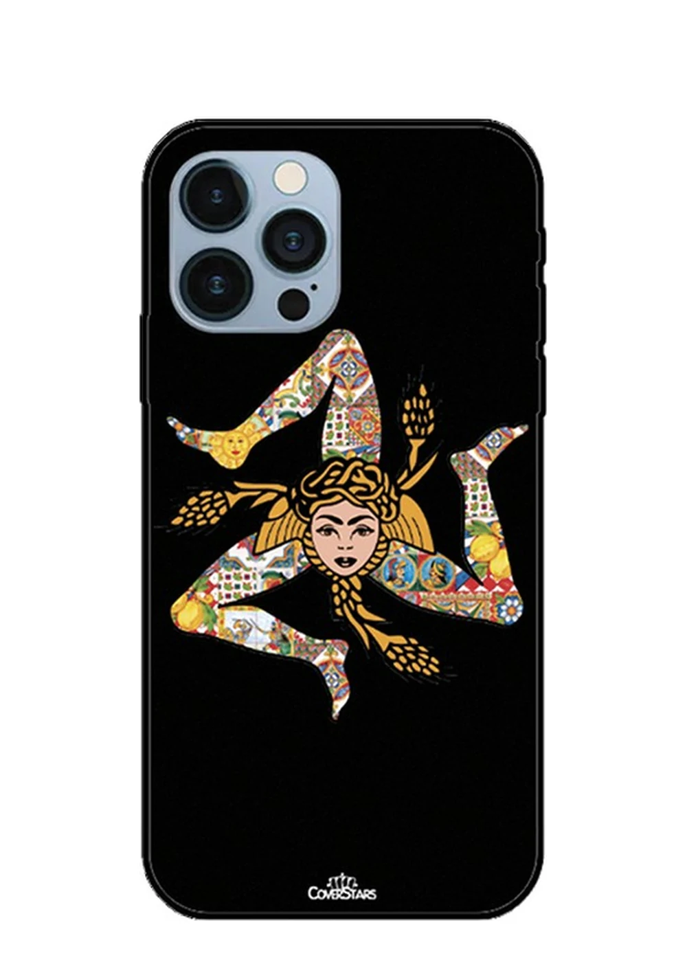 Cover IML nera per iPhone 16 Pro con Trinacria siciliana a mosaico maiolica
