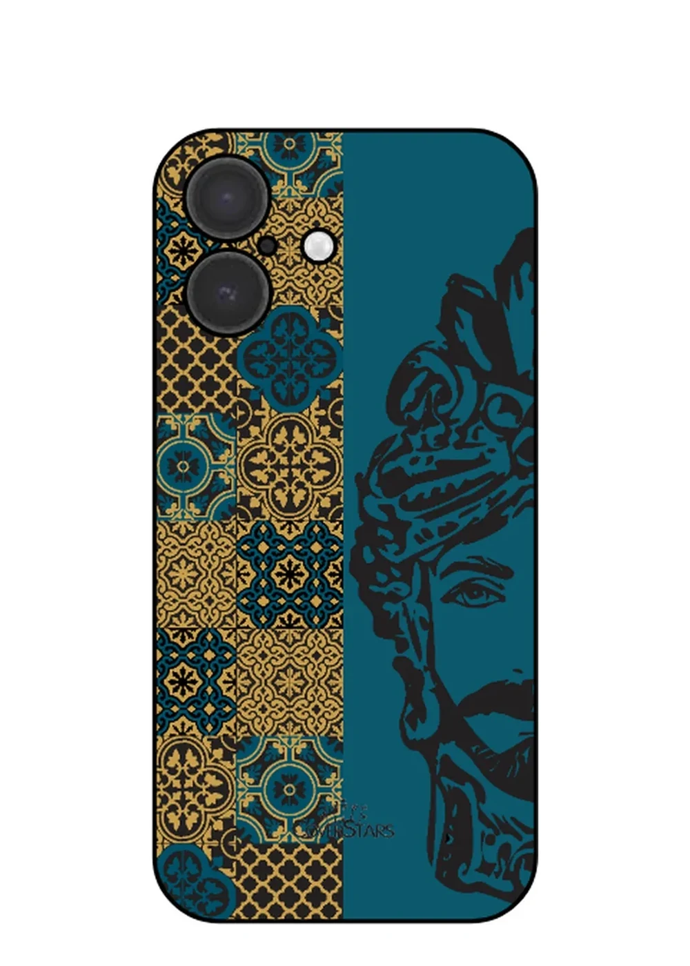 Cover IML per iPhone 16 con Testa di Moro e maioliche siciliane su fondo petrolio