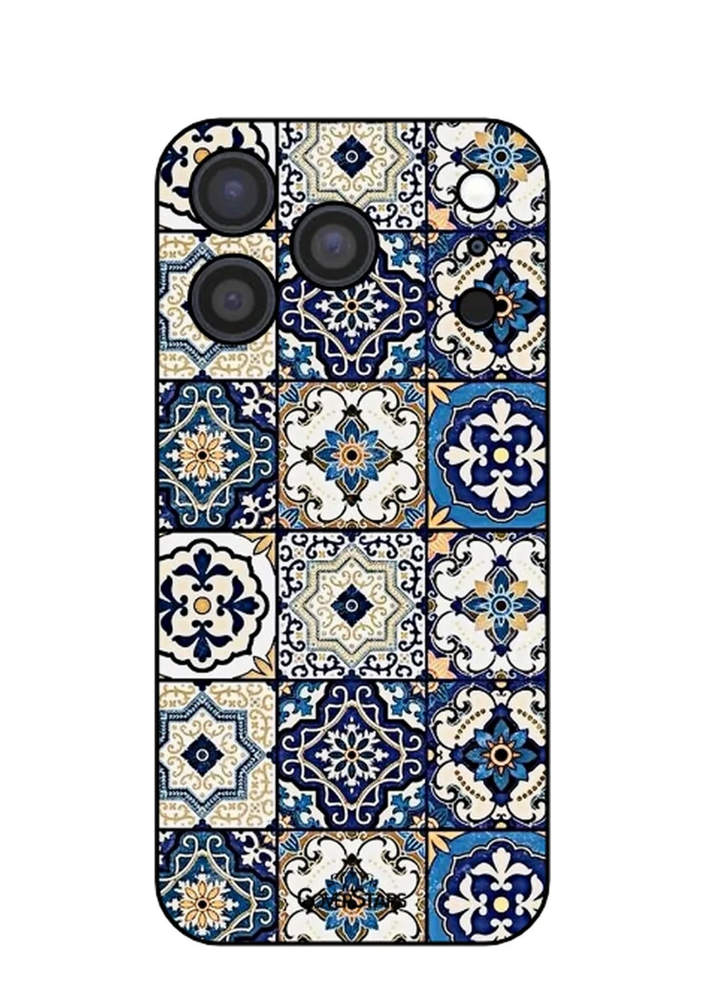 Cover iPhone 17 Pro IML con maioliche siciliane blu, bianche e oro