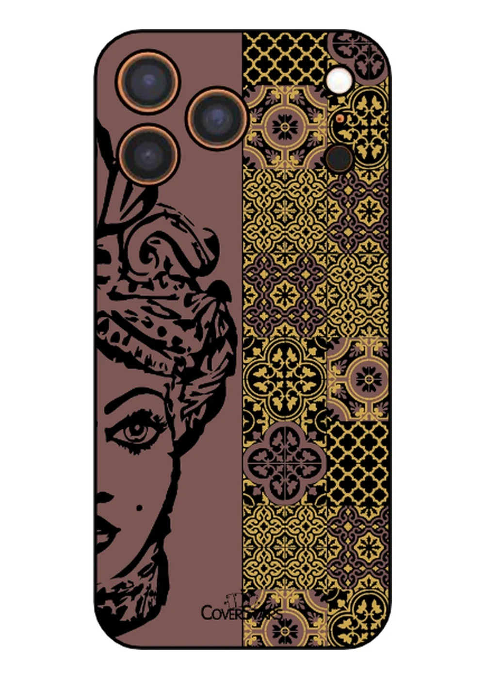 Cover iPhone 17 Pro Max IML con Mora siciliana e maioliche su fondo rosa antico