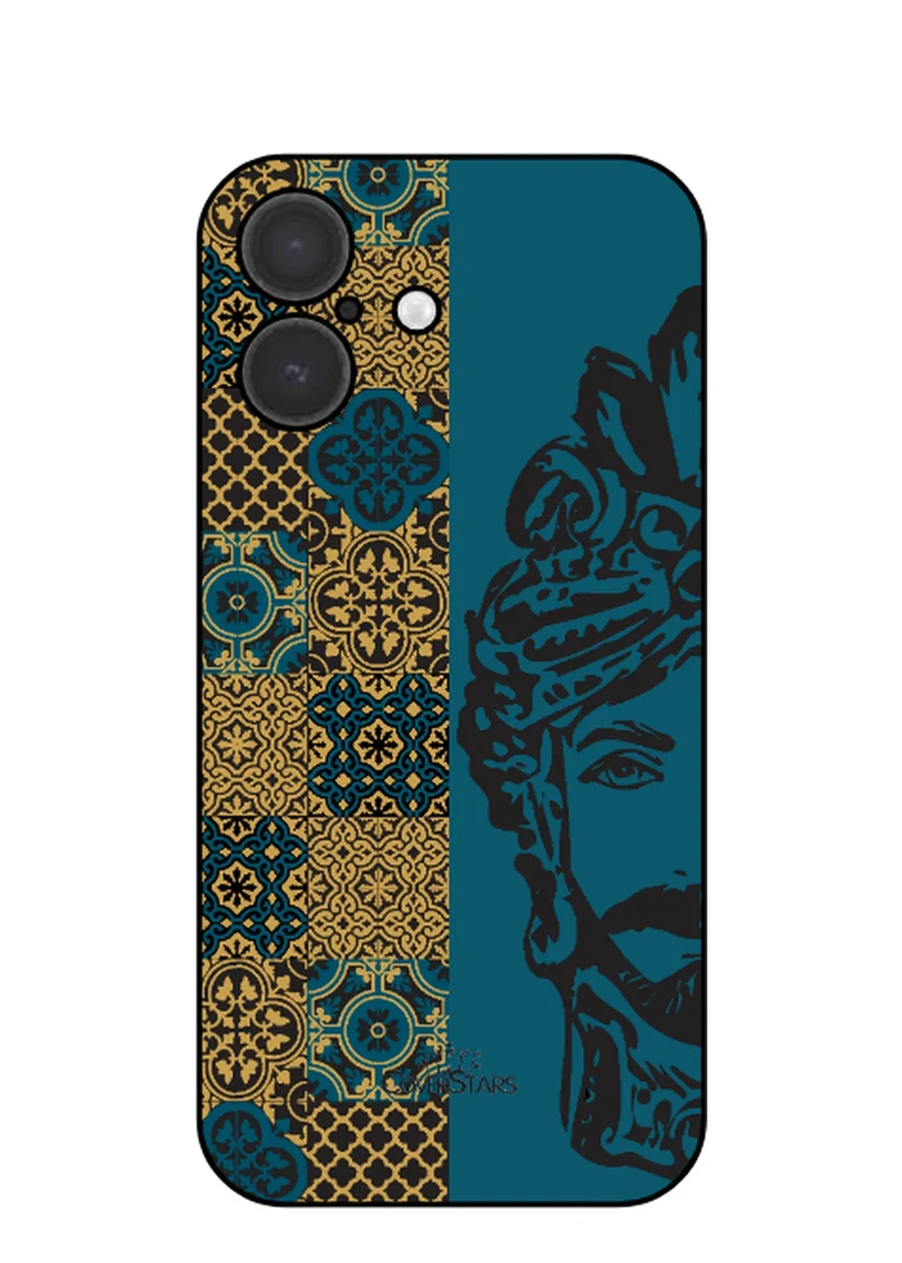 Cover iPhone 17 IML con Testa di Moro siciliana e maioliche oro su fondo blu petrolio