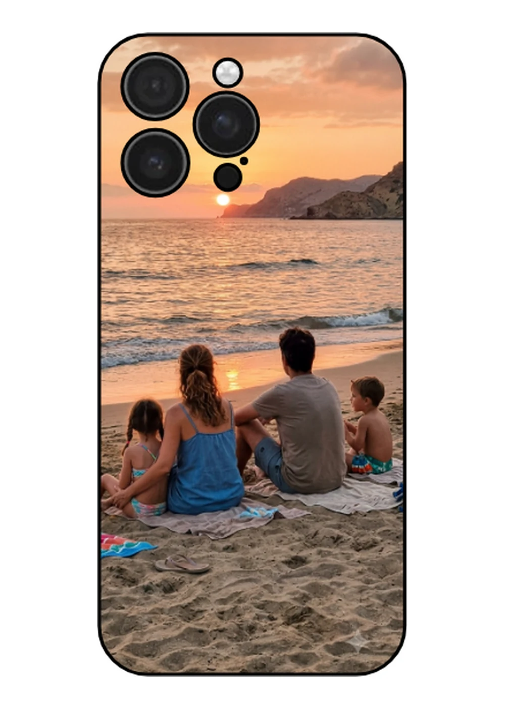 Cover personalizzata per iPhone 16 Pro Max con foto di famiglia al tramonto