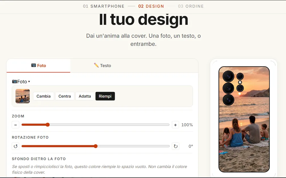 Anteprima in tempo reale di una cover Samsung personalizzata con foto sul configuratore CoverStars