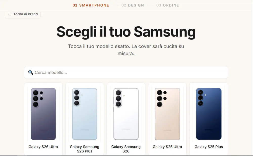 Selezione del modello Samsung Galaxy nel configuratore CoverStars per creare una cover personalizzata