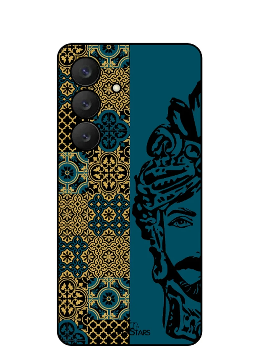 Cover Samsung Galaxy S26 in TPU con Testa di Moro siciliana e maioliche oro su fondo blu petrolio