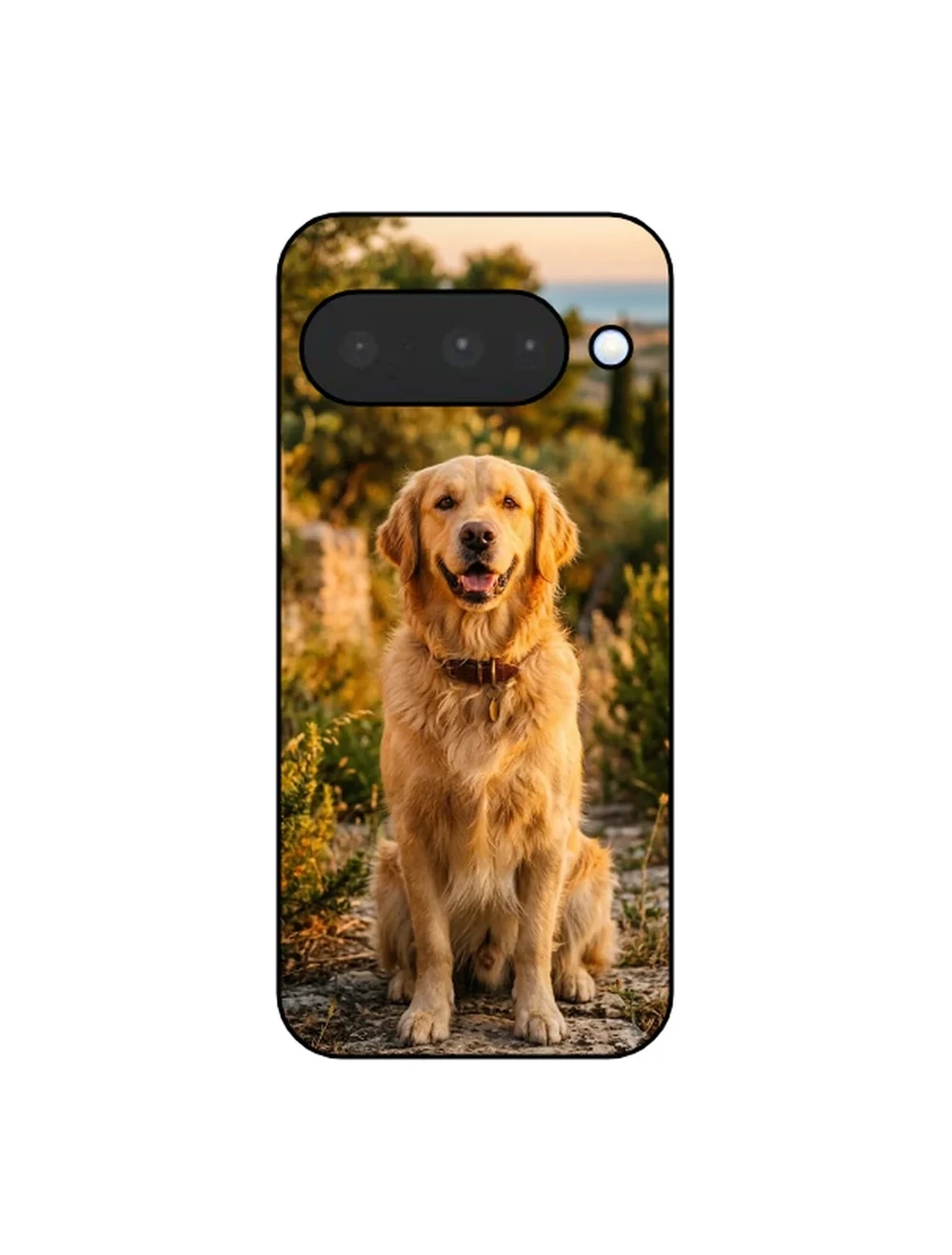 Cover personalizzata Google Pixel con foto di un cane al tramonto