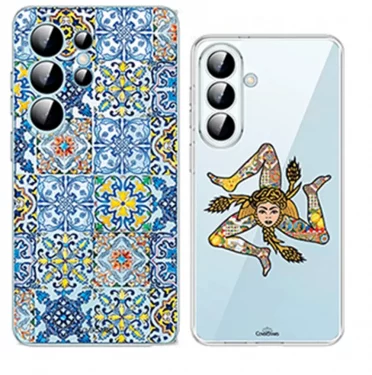 Cover Samsung Clear Design CoverStars trasparente con maioliche siciliane e Trinacria su sfondo trasparente
